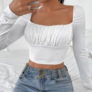 Shein White Ruffled Long Sleeve Crop Top